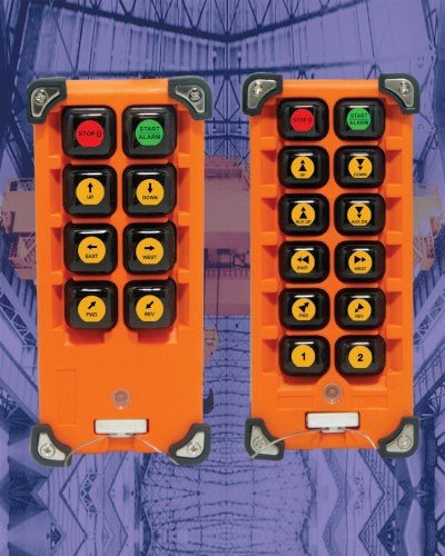 Two orange industrial remote controls